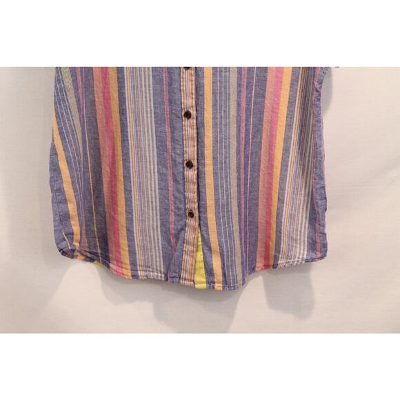 Marine Layer Top Womens L Linen Blend Short Sleeve Striped Button Up Cap Sleeve - Picture 3 of 9